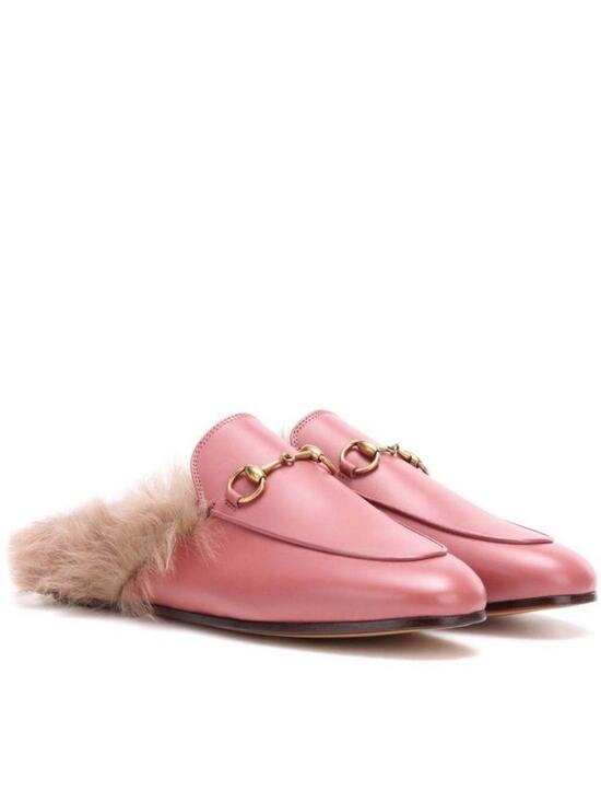 Gucci Shoes - Gucci Princetown Pink Leather Fur Trim Horsebit Mules Size 37